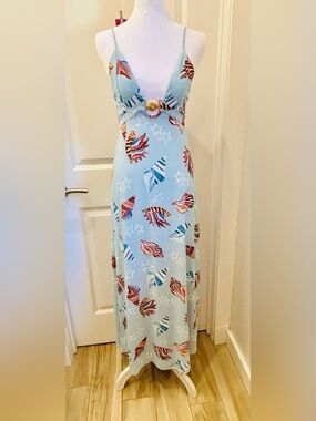 NWT Paper Heart Light Blue Shell-Print linen blend Maxi Dress- L